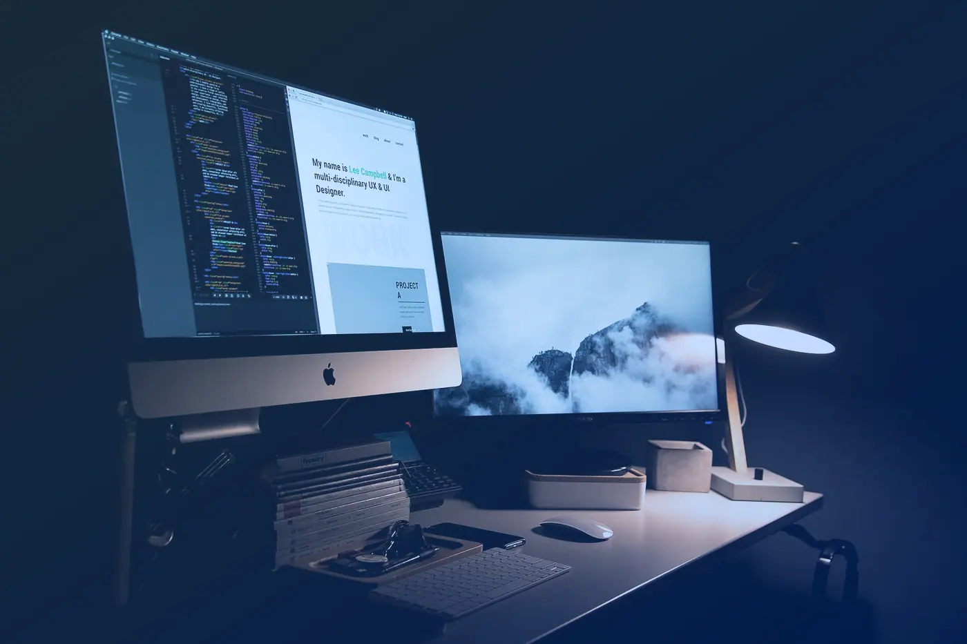A designer's two-screen workspace
