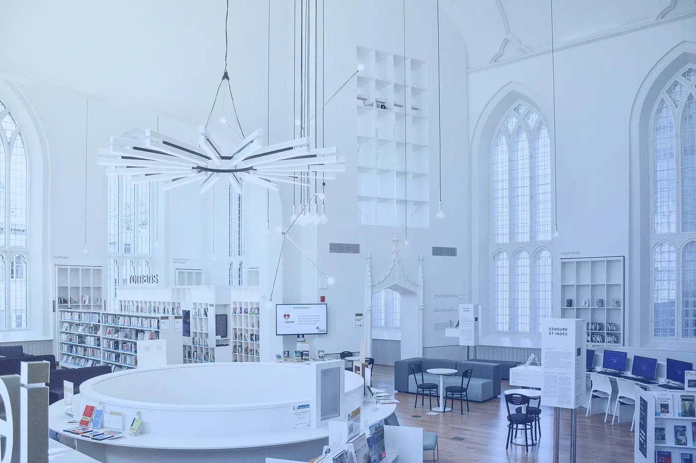 A library with tall windows